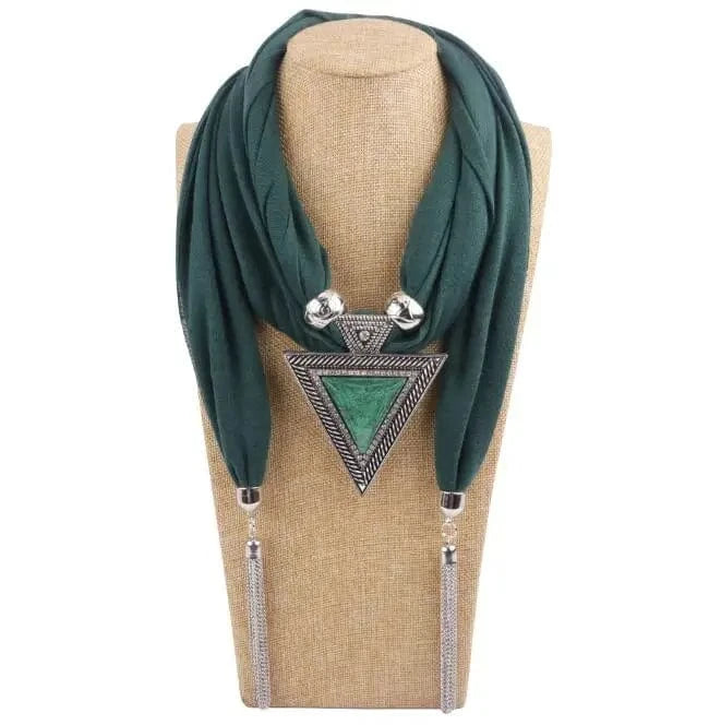 Foulard Bijou Collier Pendentif Géométrique - Écharpe longue bohème Vert Foncé