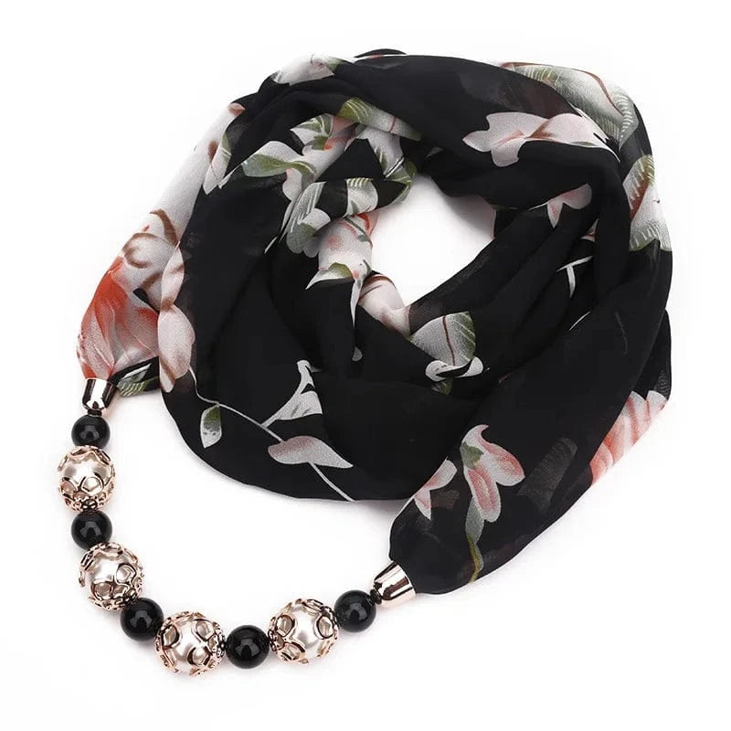 Foulard Bijou Collier Perles Intégré – Écharpe Fantaisie et Attaches Métalliques 1