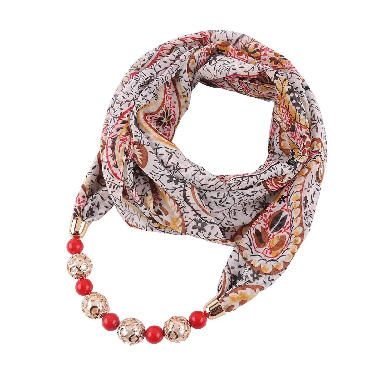Foulard Bijou Collier Perles Intégré – Écharpe Fantaisie et Attaches Métalliques 10