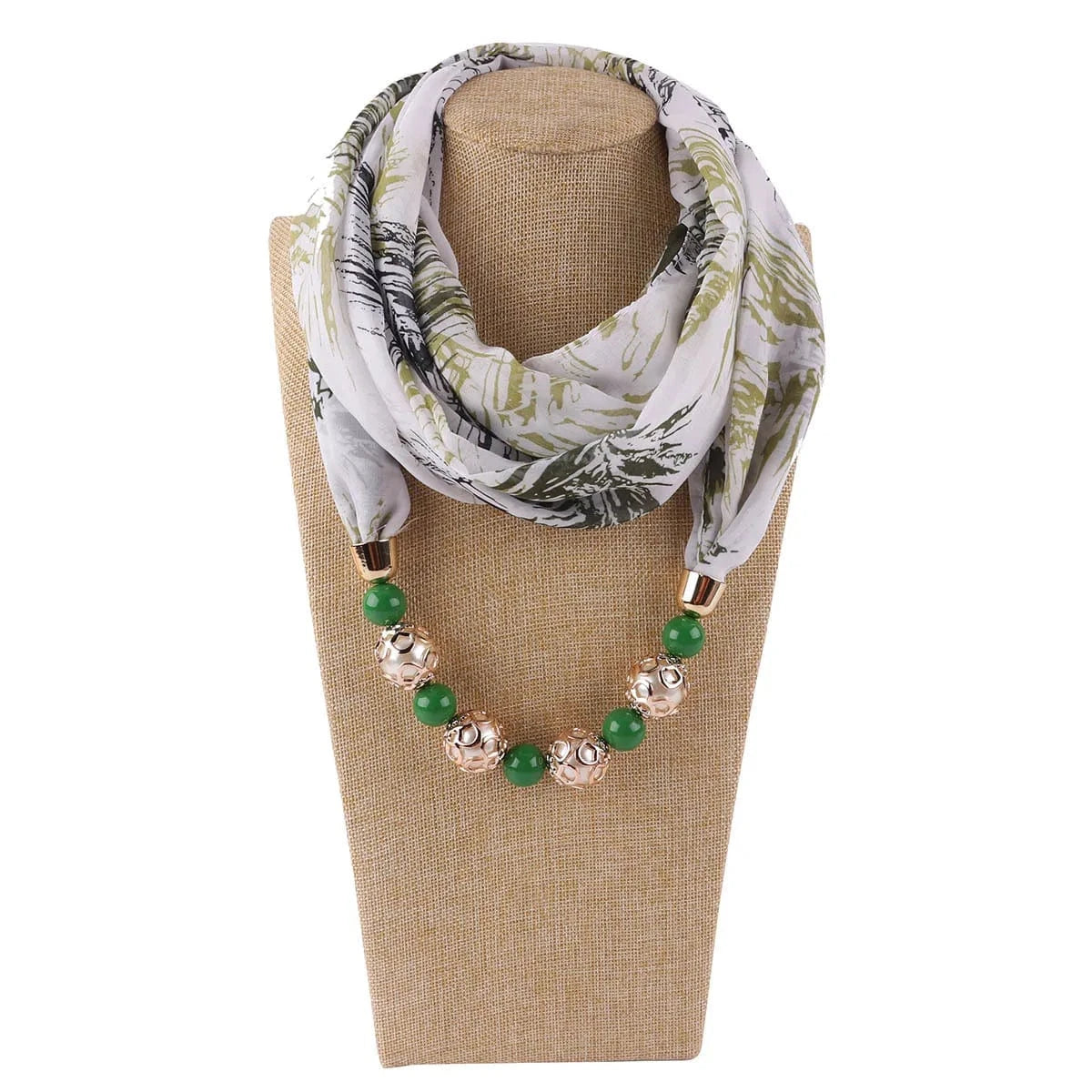 Foulard Bijou Collier Perles Intégré – Écharpe Fantaisie et Attaches Métalliques
