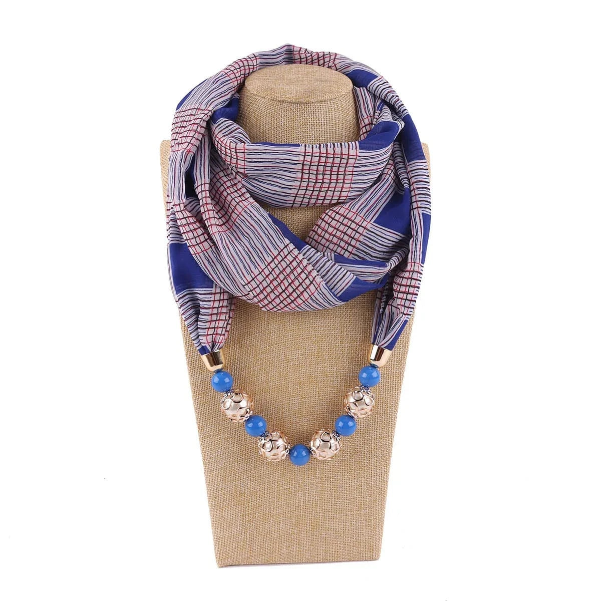 Foulard Bijou Collier Perles Intégré – Écharpe Fantaisie et Attaches Métalliques