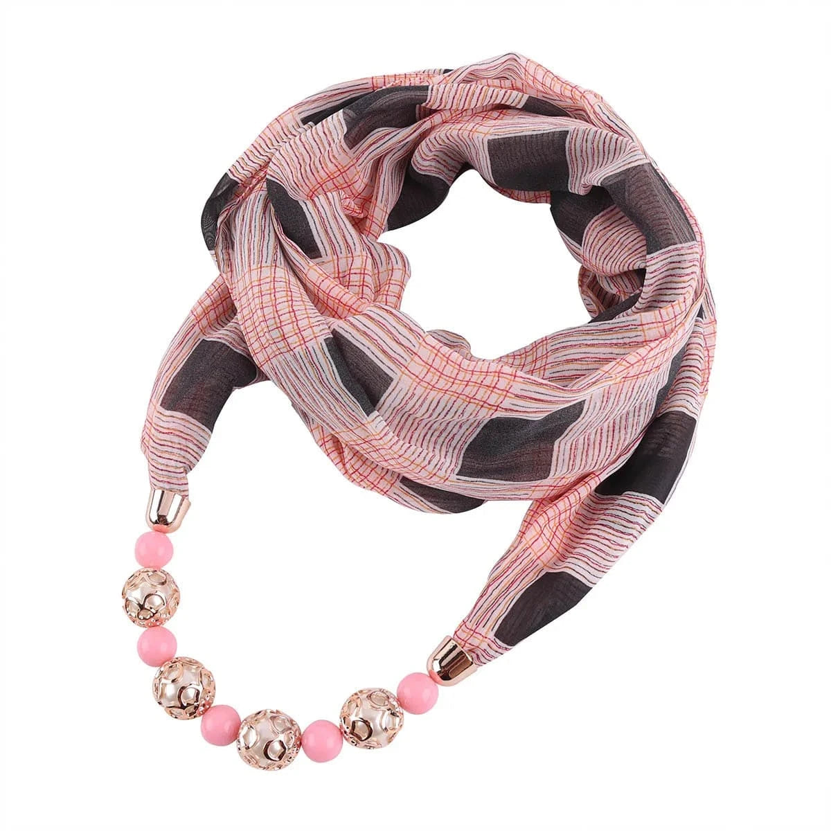 Foulard Bijou Collier Perles Intégré – Écharpe Fantaisie et Attaches Métalliques 13