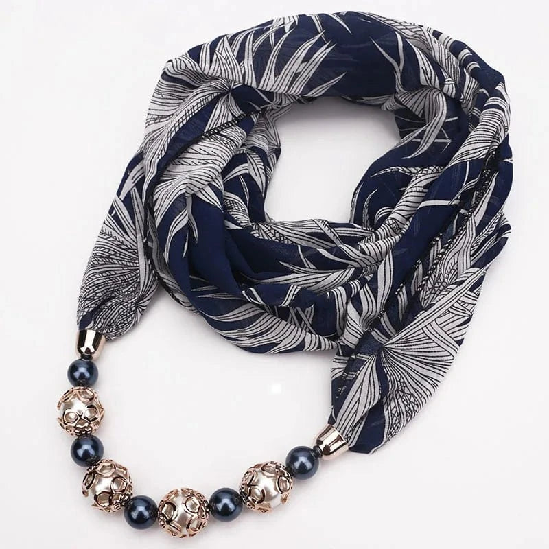 Foulard Bijou Collier Perles Intégré – Écharpe Fantaisie et Attaches Métalliques 4