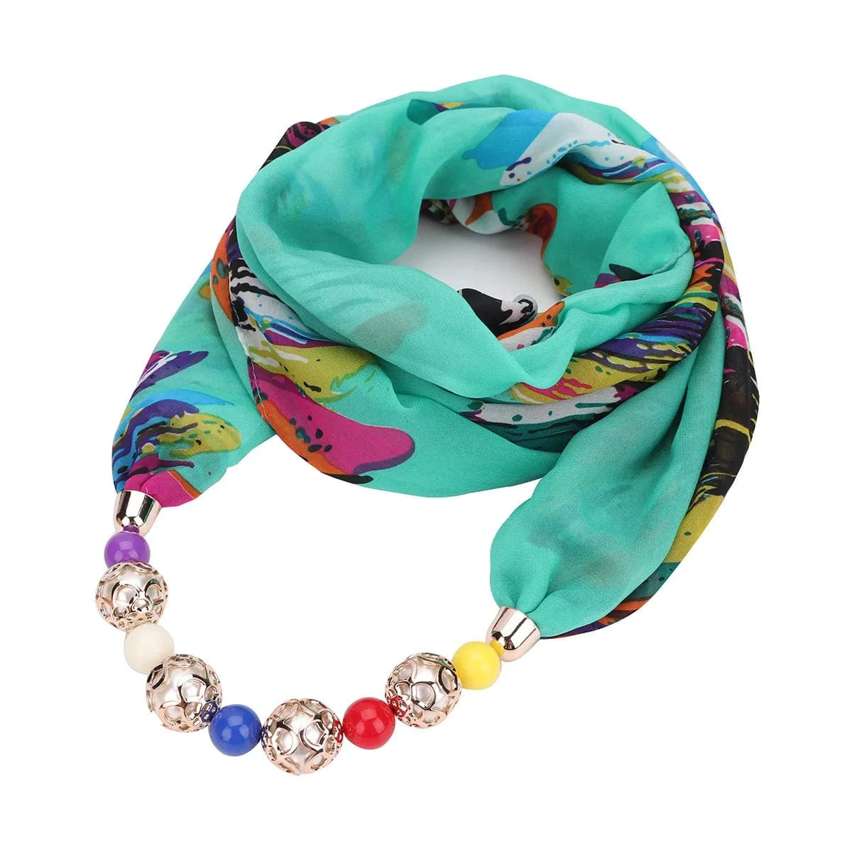 Foulard Bijou Collier Perles Intégré – Écharpe Fantaisie et Attaches Métalliques 6