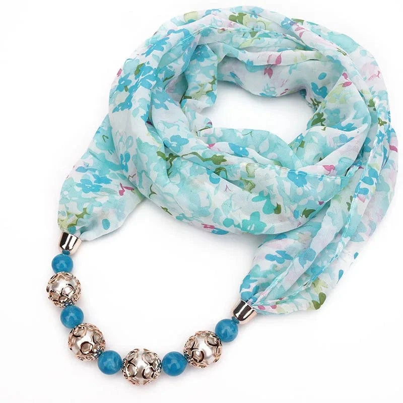 Foulard Bijou Collier Perles Intégré – Écharpe Fantaisie et Attaches Métalliques 7