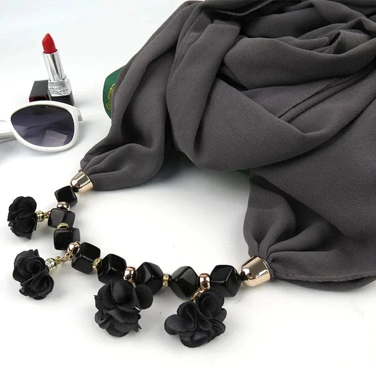 Foulard Bijou Guirlande Florale – Accessoire Élégant et Festif Gris foncé