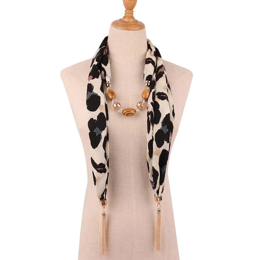 Foulard Bijou Imprimé Léopard - Bohème Chic avec Collier Intégré et Pampilles 1