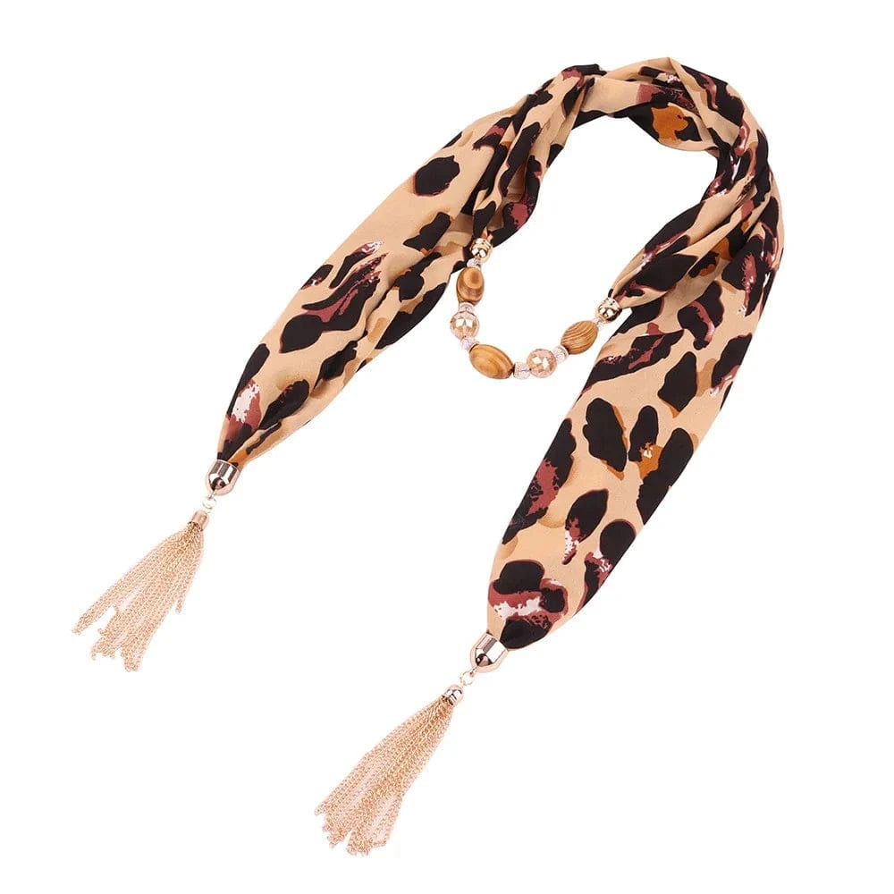 Foulard Bijou Imprimé Léopard - Bohème Chic avec Collier Intégré et Pampilles