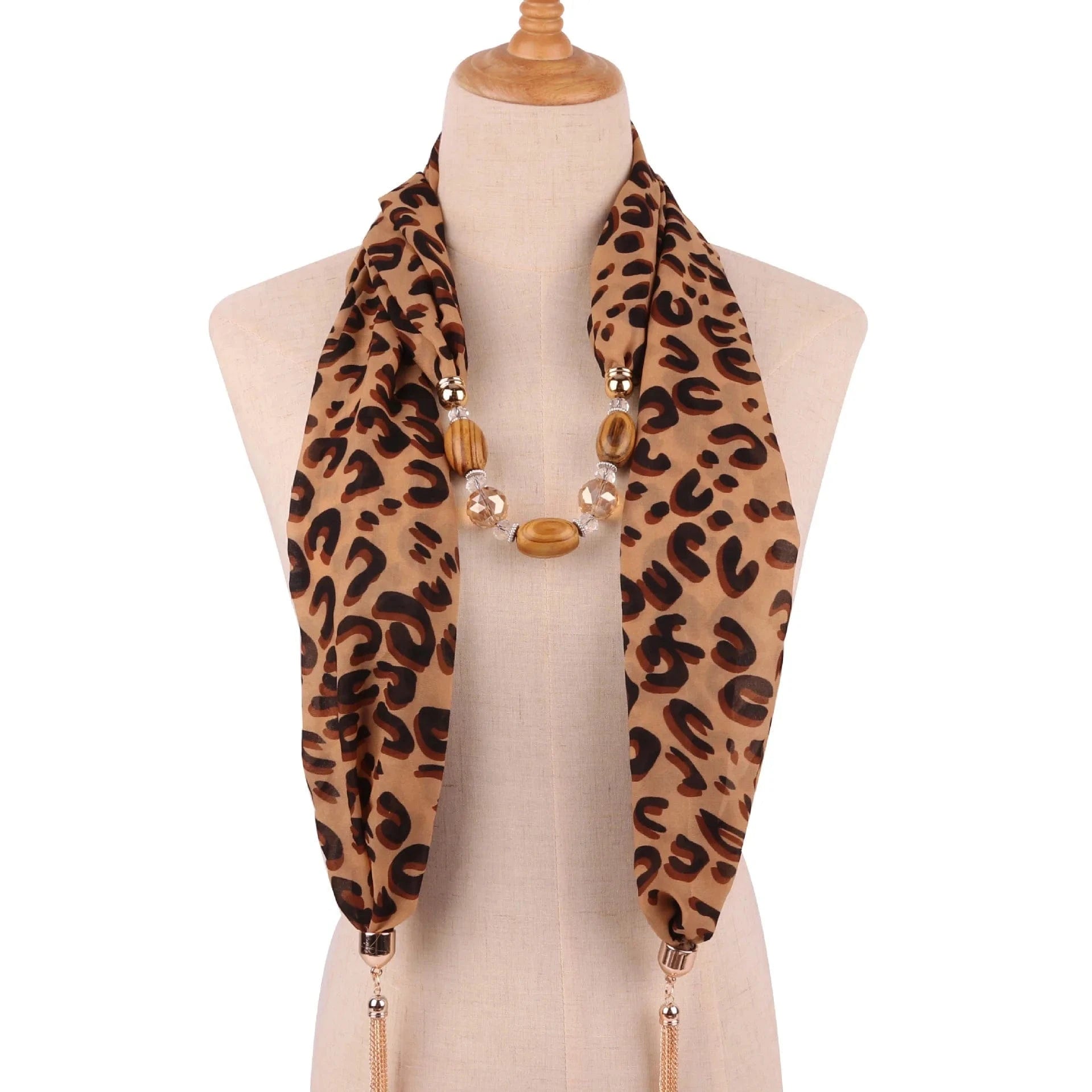 Foulard Bijou Imprimé Léopard - Bohème Chic avec Collier Intégré et Pampilles 6