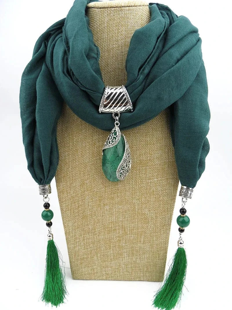 Foulard Bijou Pendentif Pierre Cabochon Vert Foncé