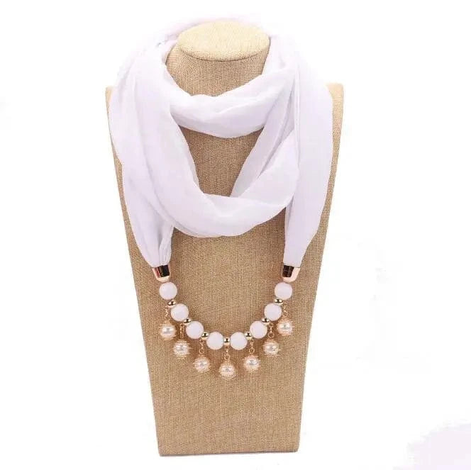 Foulard Bijou perles nacrées - Collier fantaisie intégré - Accessoire chic Blanc