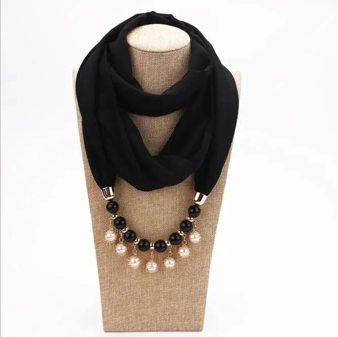 Foulard Bijou perles nacrées - Collier fantaisie intégré - Accessoire chic Noir