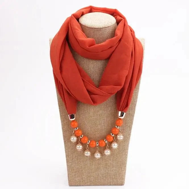Foulard Bijou perles nacrées - Collier fantaisie intégré - Accessoire chic Orange
