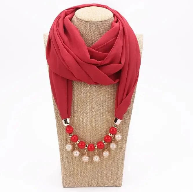 Foulard Bijou perles nacrées - Collier fantaisie intégré - Accessoire chic Rouge 1