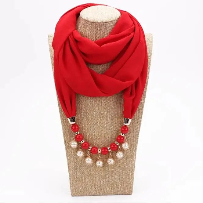 Foulard Bijou perles nacrées - Collier fantaisie intégré - Accessoire chic Rouge 2