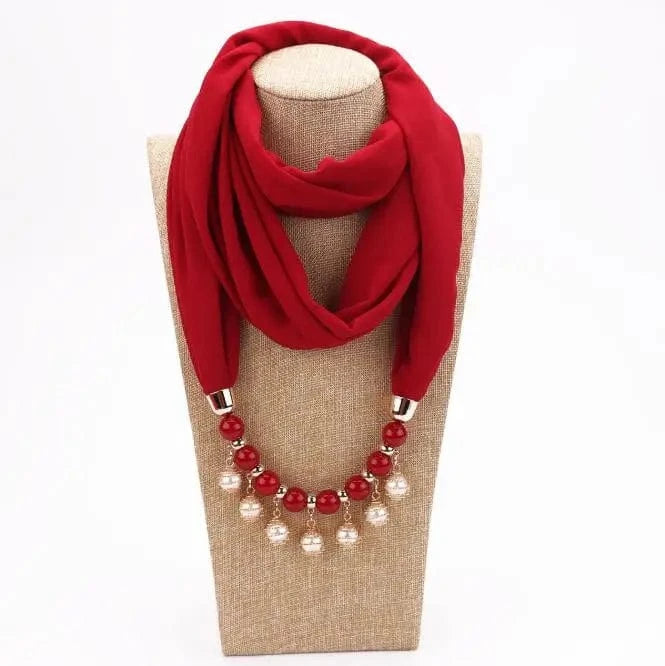 Foulard Bijou perles nacrées - Collier fantaisie intégré - Accessoire chic Rouge Foncé