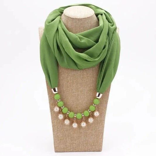 Foulard Bijou perles nacrées - Collier fantaisie intégré - Accessoire chic Vert Clair