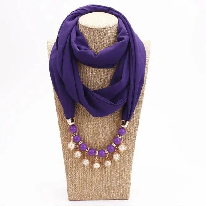 Foulard Bijou perles nacrées - Collier fantaisie intégré - Accessoire chic Violet