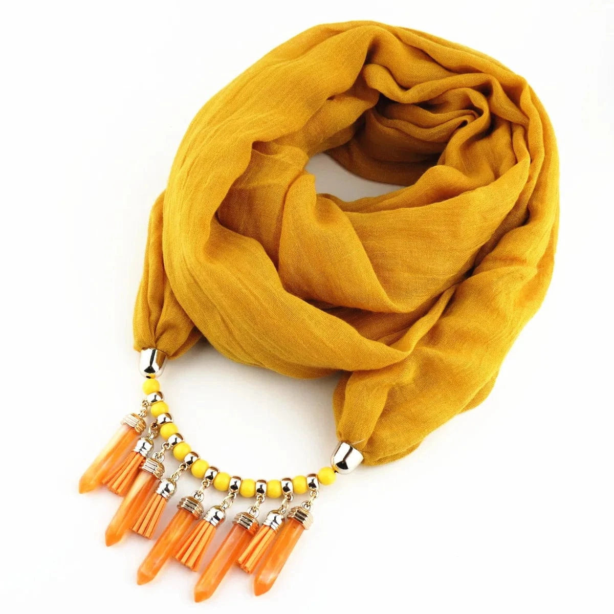 Foulard Bijou Plastron – Collier intégré et franges pendantes