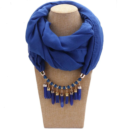 Foulard Bijou Plastron – Collier intégré et franges pendantes Bleu