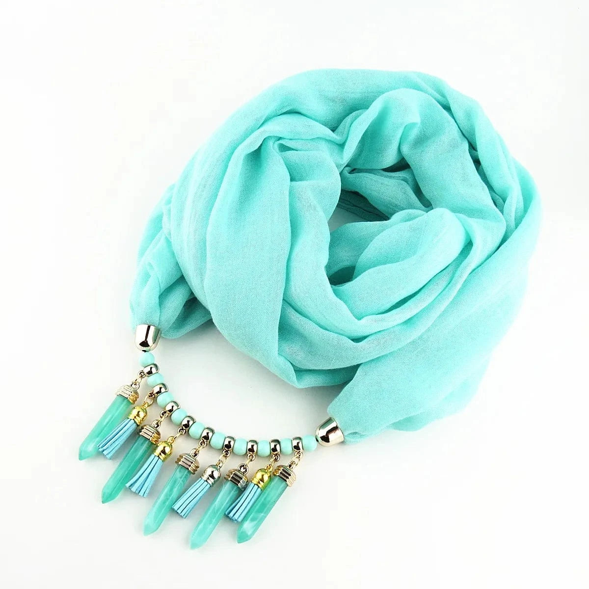 Foulard Bijou Plastron – Collier intégré et franges pendantes Bleu Clair