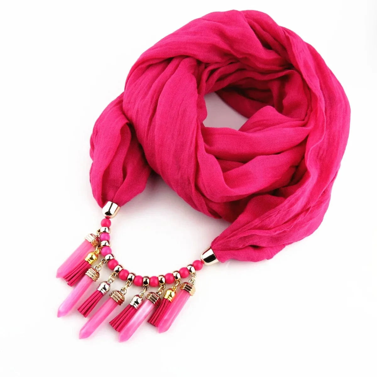 Foulard Bijou Plastron – Collier intégré et franges pendantes Fuschia