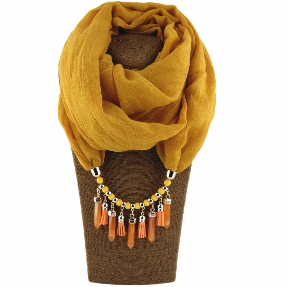 Foulard Bijou Plastron – Collier intégré et franges pendantes Jaune