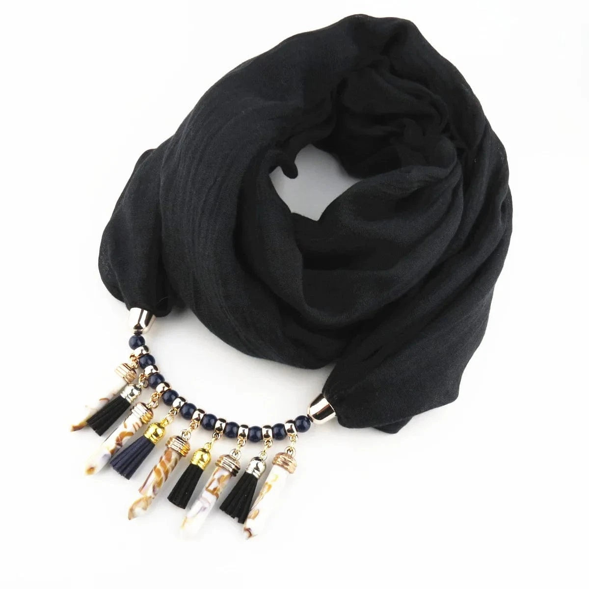 Foulard Bijou Plastron – Collier intégré et franges pendantes Noir