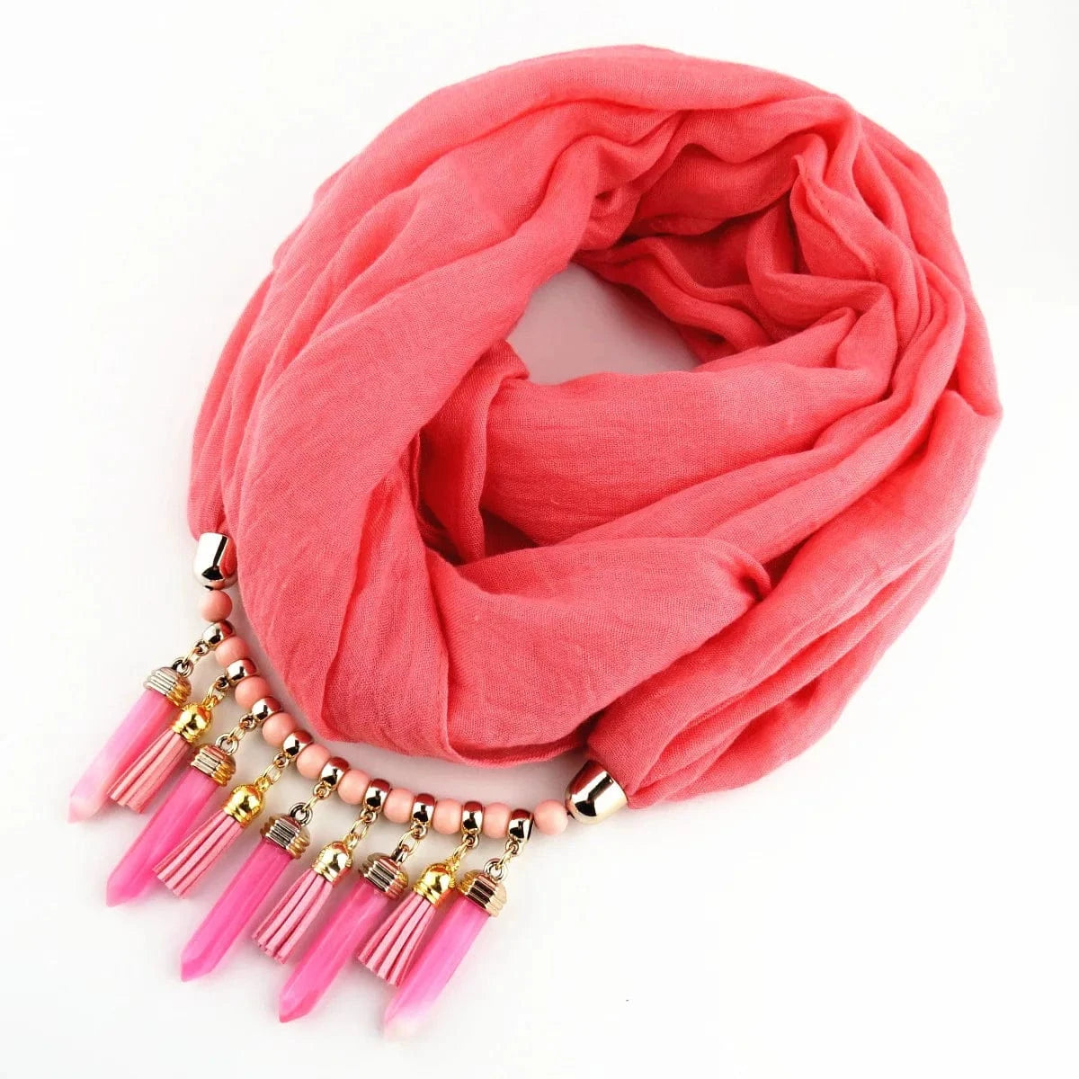 Foulard Bijou Plastron – Collier intégré et franges pendantes Rose