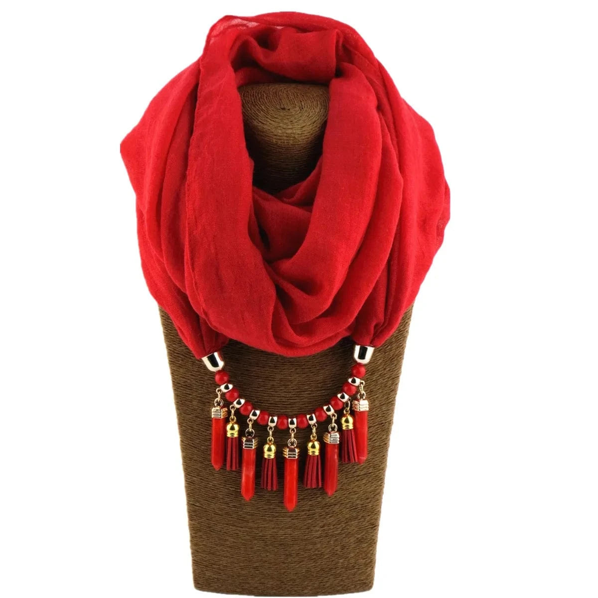 Foulard Bijou Plastron – Collier intégré et franges pendantes Rouge
