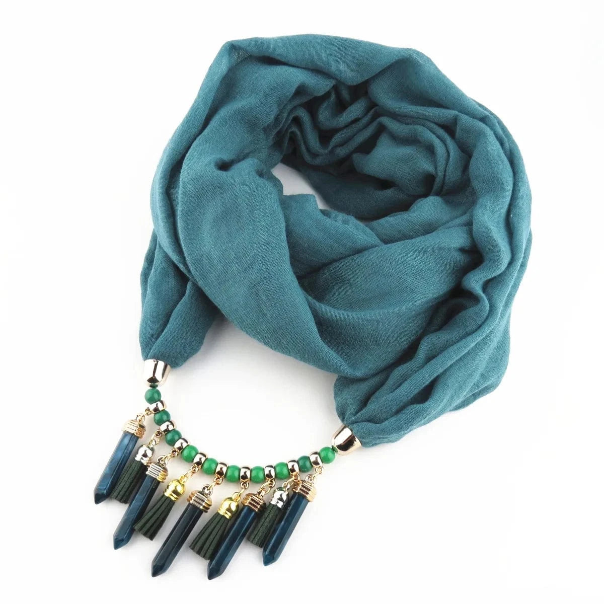 Foulard Bijou Plastron – Collier intégré et franges pendantes Vert Eau