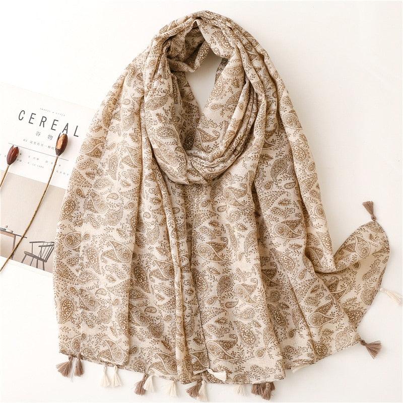 Foulard bohème chic motif pampille en coton Beige
