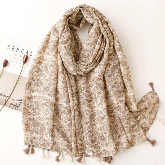 Foulard bohème chic motif pampille en coton Beige