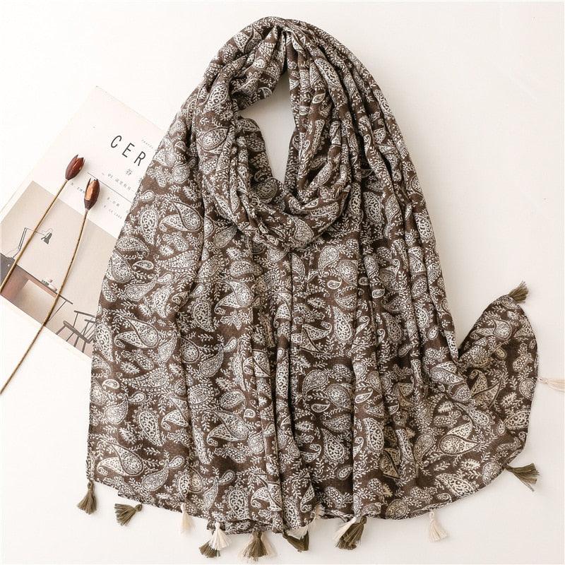 Foulard bohème chic motif pampille en coton Marron