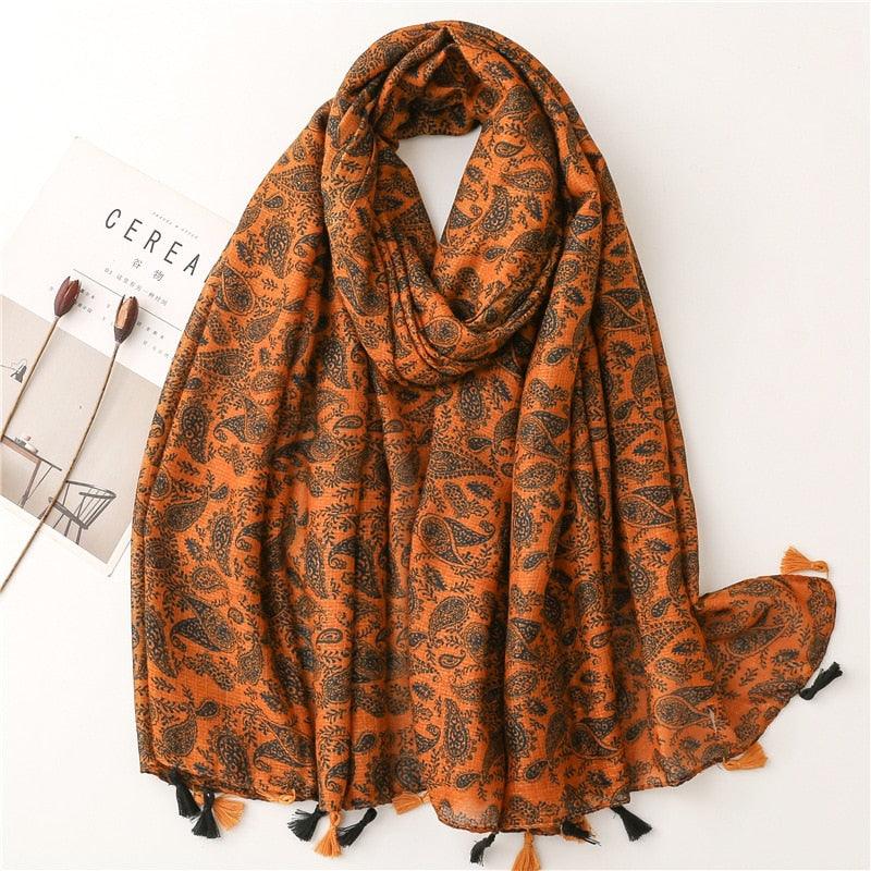 Foulard bohème chic motif pampille en coton Orange