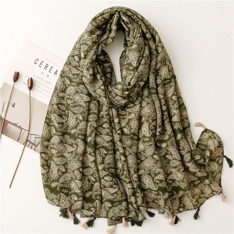Foulard bohème chic motif pampille en coton Vert