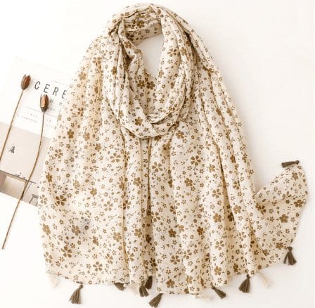 Foulard bohème en coton Fleurs Blanches Beige