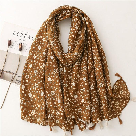 Foulard bohème en coton Fleurs Blanches Marron Clair