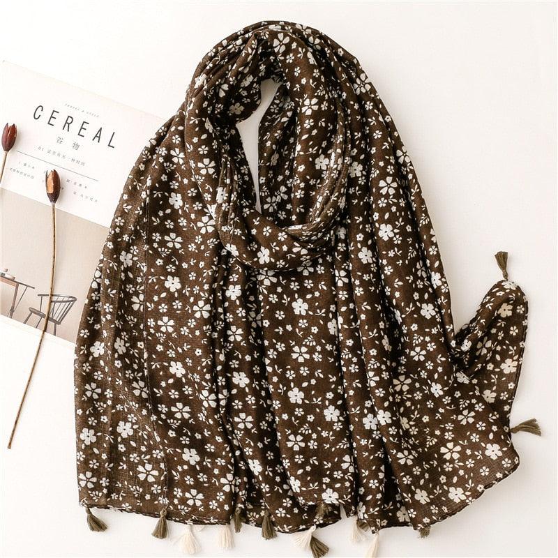 Foulard bohème en coton Fleurs Blanches Noir