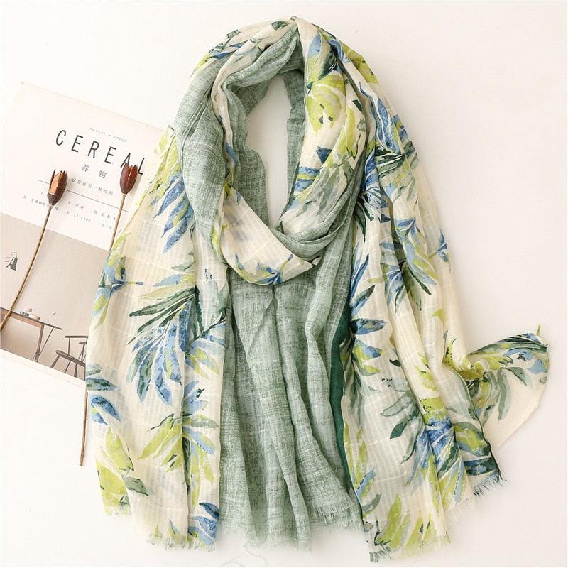 Foulard Bohème Floral Feuillage Vert et Blanc en Coton