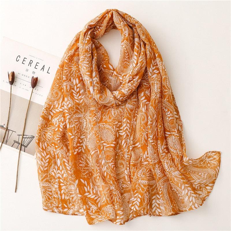 Foulard bohème "Feuillage Blanc" - Orange en coton