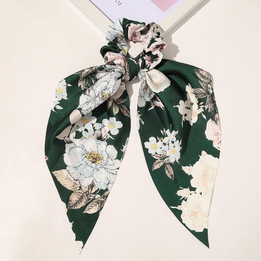 Foulard Chouchou à Grosses Fleurs Blanches Vert