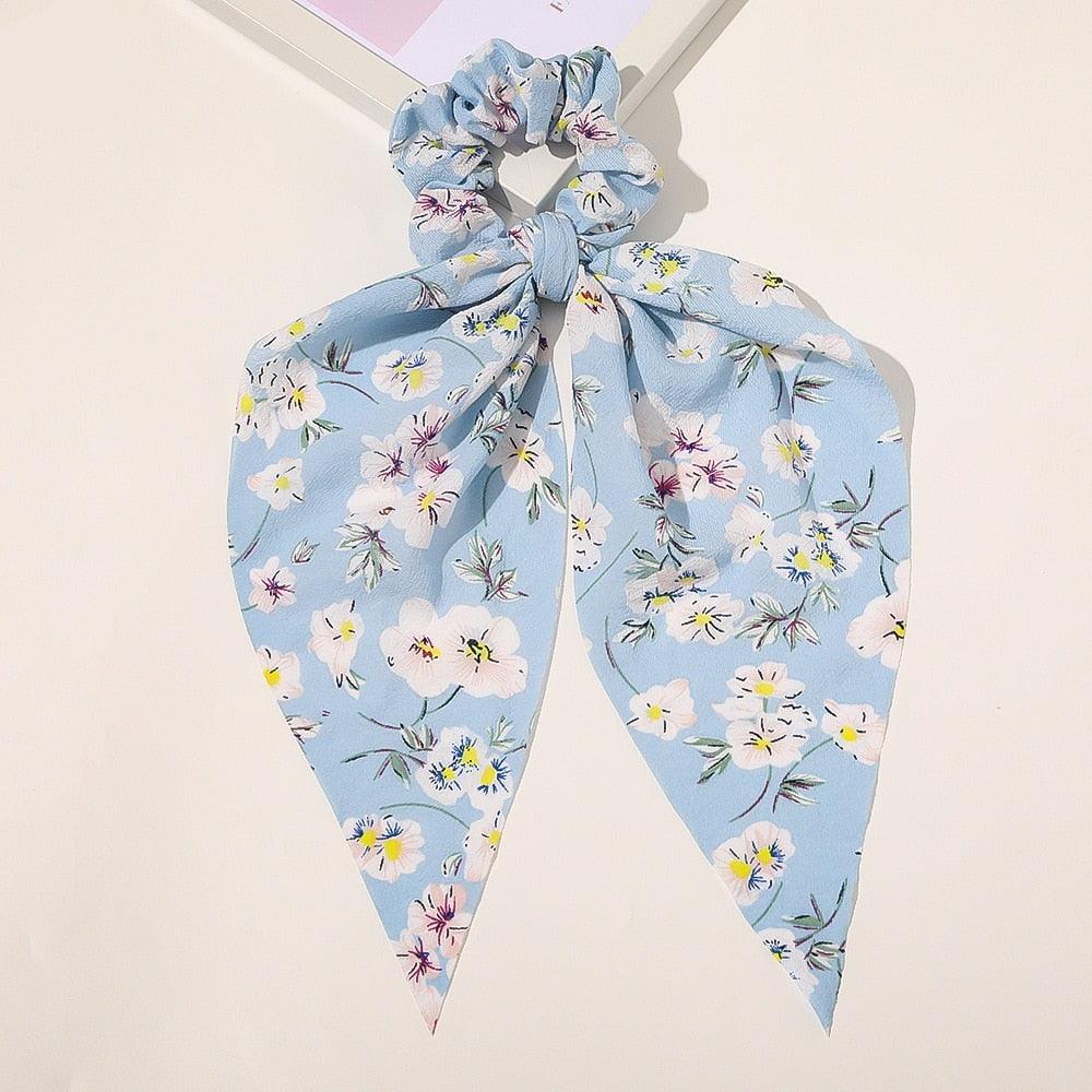 Foulard Chouchou Fleuri Uni Bleu