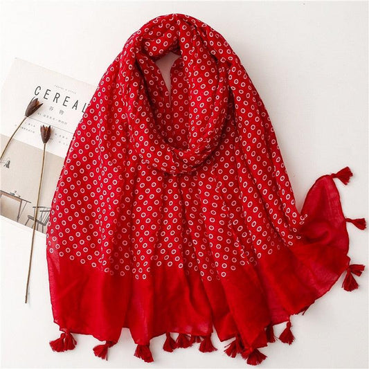 Foulard en coton avec motifs ronds rouges ou noirs. 7