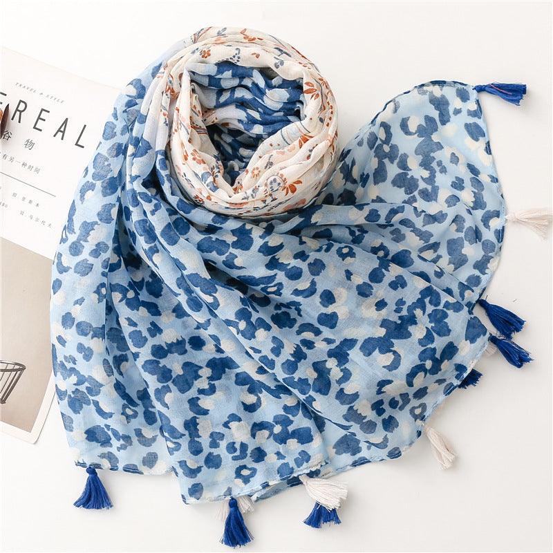 Foulard En Coton Bande Bleue et Blanche avec Motifs