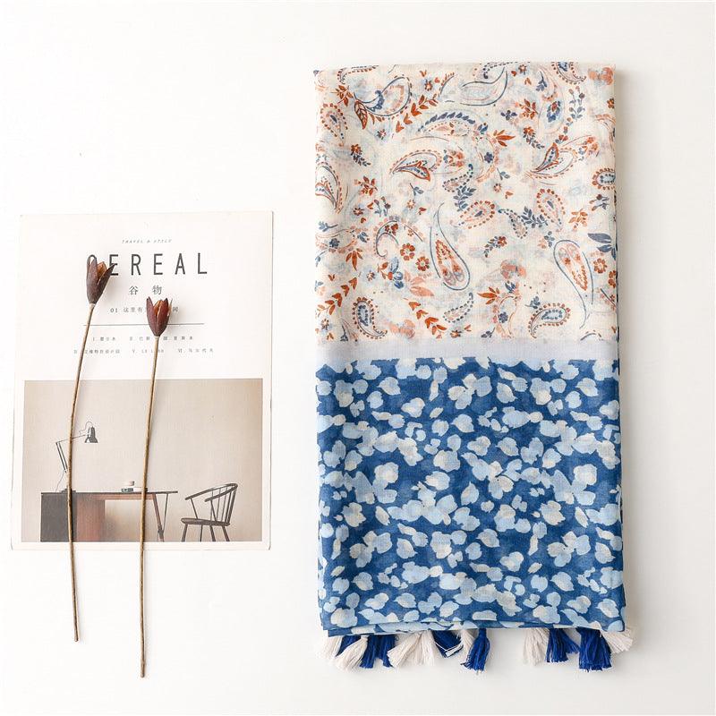 Foulard En Coton Bande Bleue et Blanche avec Motifs