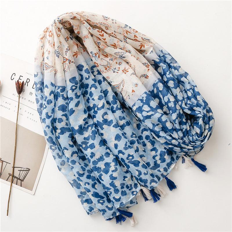 Foulard En Coton Bande Bleue et Blanche avec Motifs