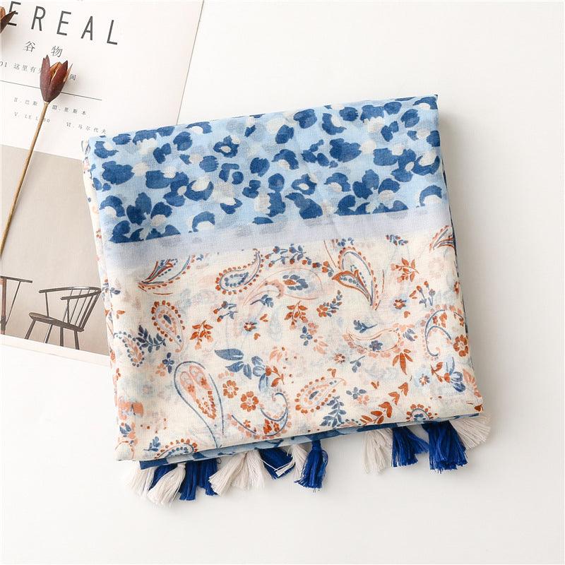 Foulard En Coton Bande Bleue et Blanche avec Motifs