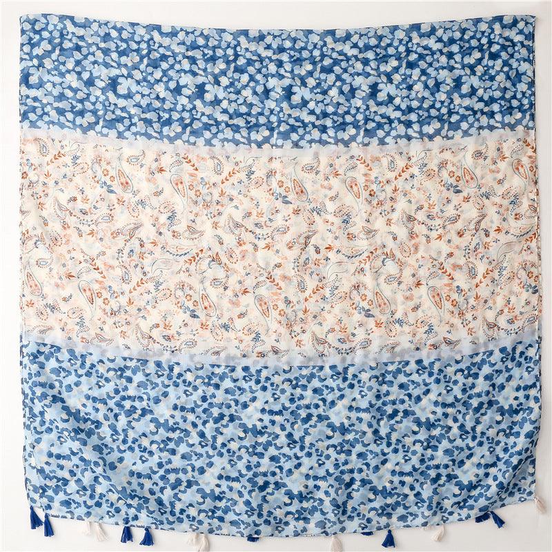 Foulard En Coton Bande Bleue et Blanche avec Motifs