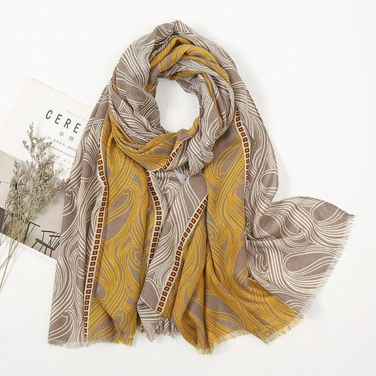 Foulard en coton beige et jaune avec motif vague